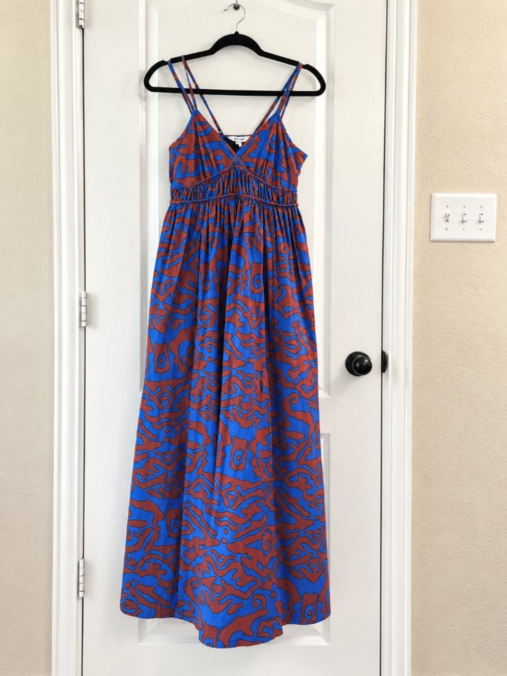 Nine West Blue Rust Abstract Maxi Boho Dress with Pockets XS | NWOT